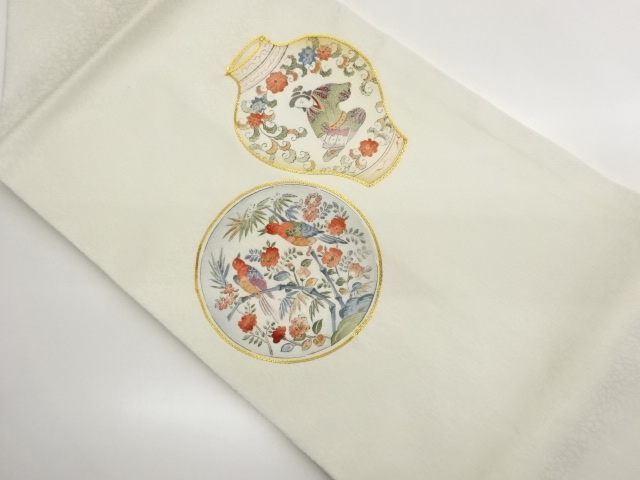 金駒刺繍丸・壺に人物・鳥・花唐草模様名古屋帯